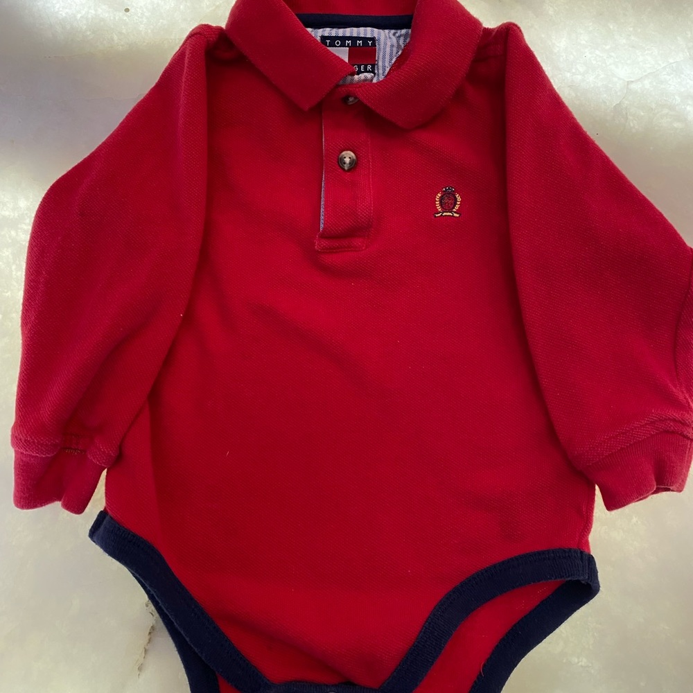 Tommy Hilfiger size 6-8 months red long sleeved onesie
